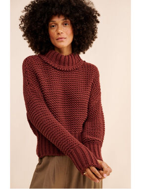 Free People Chunky Knit Oversized Turtleneck Sweater Burgundy Medium